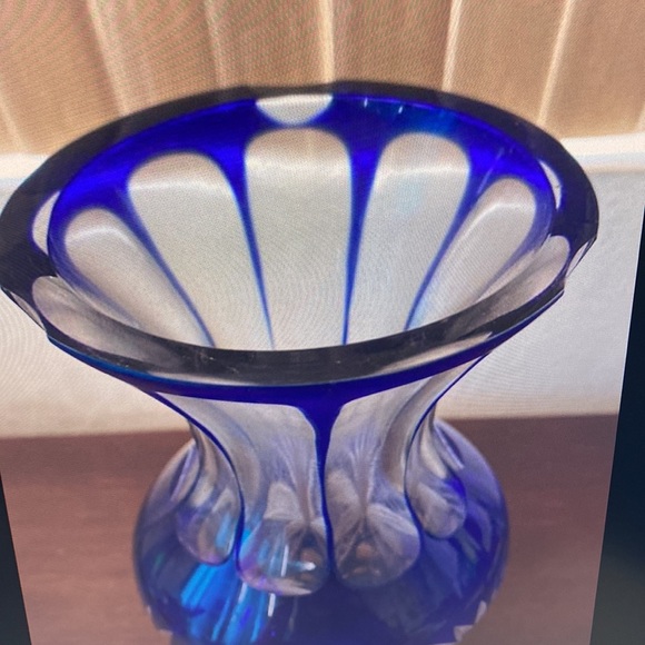 Bohemian Cobalt Blue Cut to Clear Vase, 11 1/2” high. Mother’s Day, Crystal - Picture 8 of 10